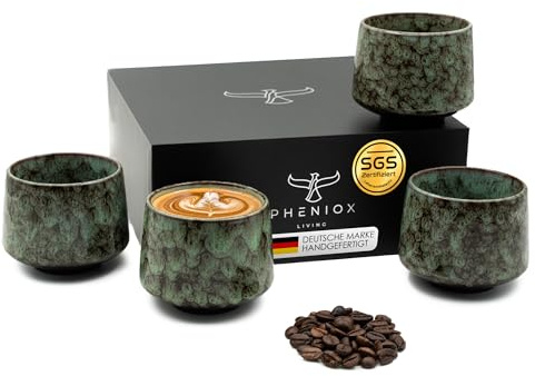 Pheniox Set de tasses à cappuccino Tibet Vert, 4 x 180 ml, grès, sans anse, passe au lave-vaisselle et au micro-ondes, boîte cadeau