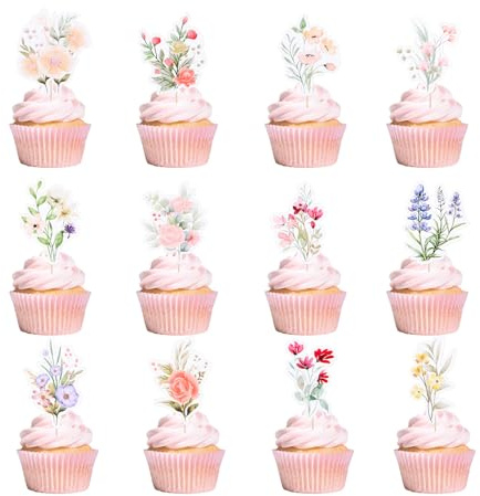 lasuroa 12pcs Wildflower Birthday Party Decorations, Multicolor Wild Flower Cupcake Toppers Floral Party Cake Decor Supplies for Girls Women Birthday Baby Shower