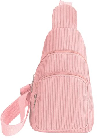 GUSXPPD Crossbody Damen, Klein Brusttasche, Cord Sling Bag, Vielseitige Brusttasche mit Verstellbarem Schultergurt für Outdoor Sport Reise Laufen Schule Einkaufen Spazierengehen (Rosa)