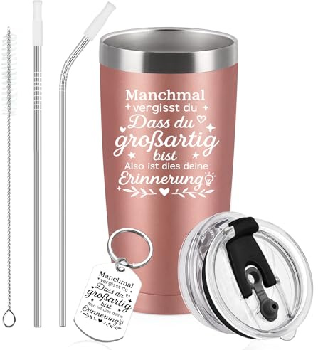 Diztoud Dankeschön Geschenke für Frauen, Personalisierte Freundschaft Geschenke für Beste Freundin zum Weihnachten, 600ml Doppelwandig Edelstahl Weinbecher mit Deckel und Strohhalm, Schlüsselanhänger