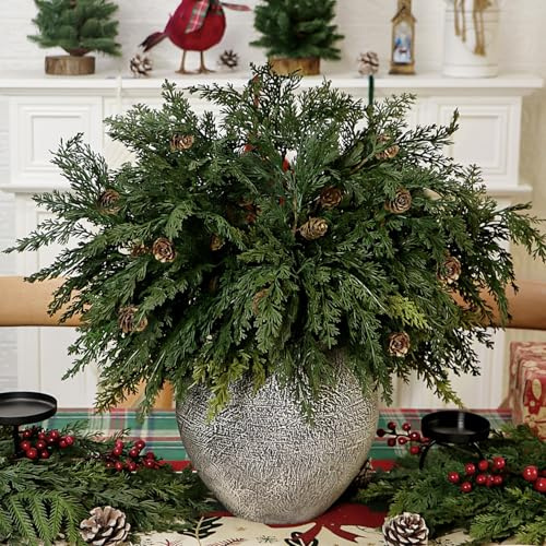 Pack of 5 Artificial Cedar Branches with Pine Cones 22 Long Faux Cypress Pine Stems DIY Crafts Winter Vase Fillers Christmas Greenery Picks for Indoor Outdoor Home Holiday Seasonal Decor (5, Green)