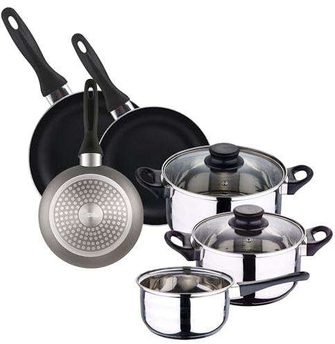 WELL HOME MOBILIARIO & DECORACIÓN Batería de cocina 5pc acero inoxidable + Set 3 sartenes 16/20/24 aluminio prensado, gris metalizado