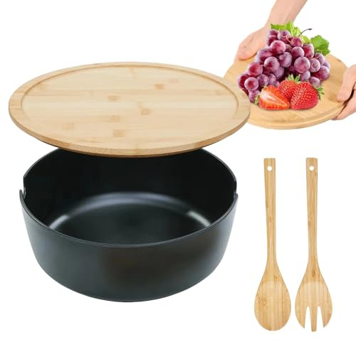 Big Salad Bowl - Standard -Holzschale, großer Behälter, Lebensmittellager | Serviertware mit Löffelgabel für Küche Home Getreide Obst Snack Mischung Kochmahlzeiten Zubereitung Pasta Mittagessen Abende