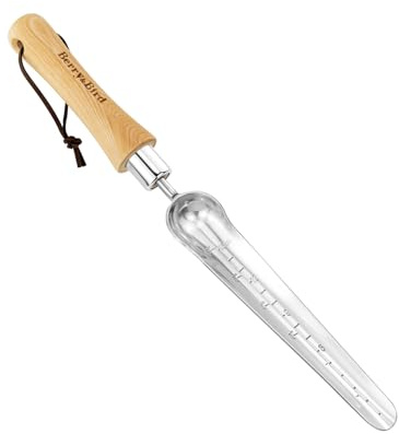 Berry&Bird Schmale Handschaufel mit Skala 35cm, Pikierstab aus Edelstahl zum Pflanzen von Zwiebeln und Sämlingen, Zwiebelpflanzer mit Griff aus Eschenholz, Kleine Schaufel zum Graben und Lösen