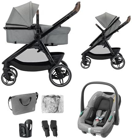 Maxi Cosi Zelia Select Trio, Cochecito de Bebé 3 en 1 con Silla de Coche, 0-4 Años (0-22 kg), Plegado con una mano, Compacta y Reversible, con Silla Coche Bebé CabrioFix S i-Size incluida, Gris