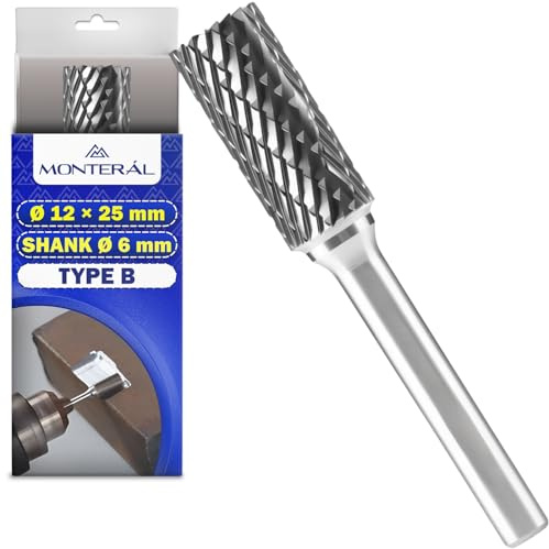 Cilíndrica Fresa para Metal Tipo B Ø12 mm x 25 mm con Vástago Ø 6 mm - Velocidad de Rotación de Fresa para Fresadora 0-19 000 rpm - Fabricada en Aleación Carburo Tungsteno - MONTERAL
