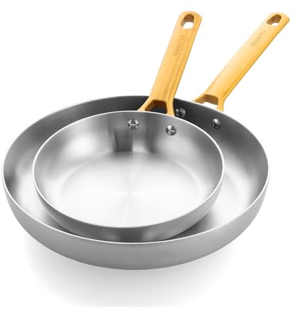 GreenPan Padova Reserve Set 2 Padelle Acciaio Inox Tri-Ply, 20 + 28 cm, Compatibile Induzione, Manici Acciaio Inox Dorati, Adatto Forno 220 °C, Lavabile Lavastoviglie, Argento