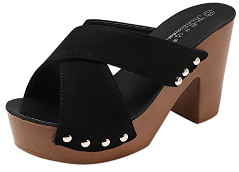 YIzdegg sandaler dam med klack – sandaletter, platå, kilklack, halkfria sommarskor, öppna tår, sandaletter, båge, stöd, klackskor, ergonomiska hands, fria slip-in-sandaler, svart, 39