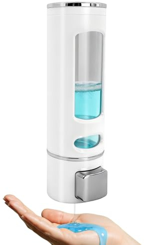 OVBOVA Tvålpump för väggmontering, 400 ml väggmonterad utan borrning, transparent schampo- och duschgeldispenser för badrum, dusch och kök, ABS-tvåldispenser med sidfönster (vit)