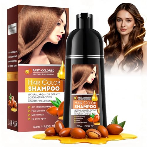 Shampoing Colorant Chatain Foncé, 500ml Dark Brown Hair Dye Shampoo 3 in 1, Shampooing Teinture Cheveux Blancs, Teinture Femme Homme