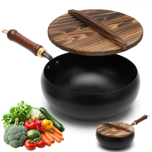 Obelagd järnpanna smidd, järnpanna, handsmidd gryta, obelagd panna, stor magegryta, stekpanna med lock, non-stick panna för gasspis induktionsspis (28 cm-A)