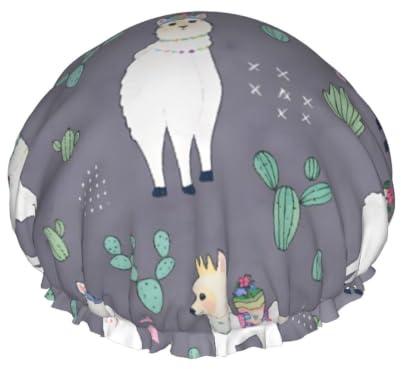 Cute Cartoon Watercolor Alpaca And Cactus Bath Cap