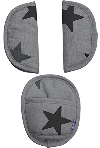 Original Dooky Universal Pads Grey Stars Gurtschoner & Gurtpolster geeignet für Altersgruppe 0+ und 3 & 5 Punkt Gurte für Babyschale, Kinderwagen, Buggy & Autositz, grau