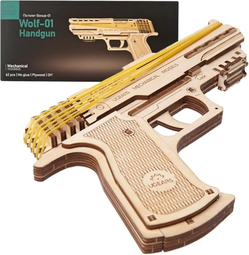 Ugears Wolf-01 Handgun Assembly Kit - DIY Wooden Gun with Rubber Bands- Mechanical Model Kit Grown-ups- 62-piece Collectible Wooden Handgun - Fun Family Activity