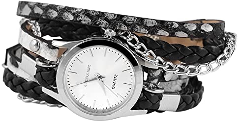 Excellanc Damen-Uhr Kunstleder Metall Wickelarmband Druckknopf 1900180 (schwarz silberfarbig)