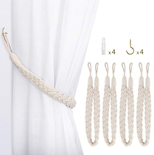 Lewondr 4 PZ Fermatende Raccoglitenda a Filo Intrecciato, Fermatende in Cotone 100% con 4 Ganci da Muro, 2 Ways per Raccogli Tenda Filo 66 cm, Decorazioni per Camera da Letto Casa - Beige