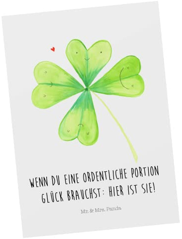 Mr. & Mrs. Panda Postkarte Blume Kleeblatt - Geschenk, Ansichtskarte, Fotokarte, Glück, kunstkarte, Umzug, Postkarten, Motivation, Neuanfang, Grußkarte, Garten, Glücksbringer
