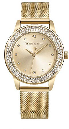 TREEWETO Damenuhr Analog Quarz Armband Armbanduhr Kristall Mesh Edelstahl Gürtel Damen Quarz Diamant Klassische Mode Romantisch Rosegold/Silber
