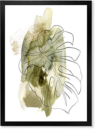 DesignQ Line Art Monstera Branch Tropische abstrakte Blätter Traditionell Gerahmte Wandkunst