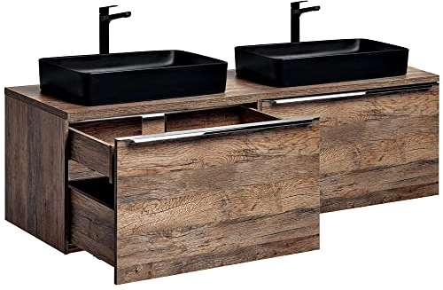 Lomadox Set di mobili da bagno doppio lavabo 160 cm, rovere vintage Nb, 2 inserti in ceramica, 4 cassetti con chiusura morbida, scaffale, larghezza x altezza x profondità: ca. 160,4/59,5/46 cm
