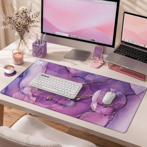iCasso Schreibtischmatte, Gaming-Mauspad, Handgelenkstützen-Set, 4-in-1 XXL, Computer, lila Marmor