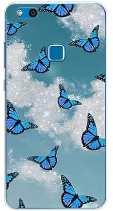 KARTXITAI Hülle Kompatibel mit Huawei P10 lite, Stoßfeste Schutzhülle mit Weiche Silikon Bumper Case Handyhülle Anti-Kratzt Transparent Rückseite - Blauer Schmetterling