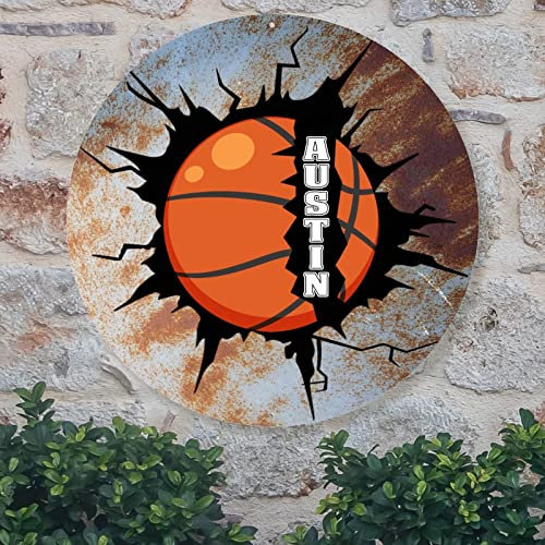 Burst BallBasketball Welcome Door Sign Basketball Metal Sign Custom Ball Vintage Wreath Metal Wall Sign Wall Art Wall Decor For Man Cave Coffee Bar Indoor & Outdoor Decor 9x9in