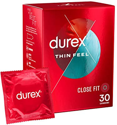 Durex Thin Feel Condoms, Close Fit, 30s, Secure, Tighter, Natural Latex, with Silicone Lube, Easy On Shape
