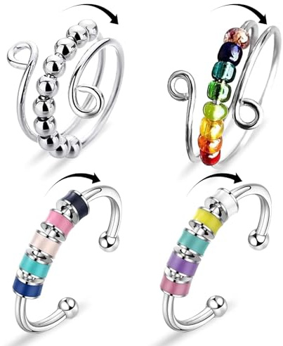 FEXPDL Anxiety Ring 4 Pcs Rotatable Fidget Rings for Anxiety Women, Fidget Ring for Teen Girls, Adjustable Open Anxiety Rings for Women Girls, Stress Relief Gift