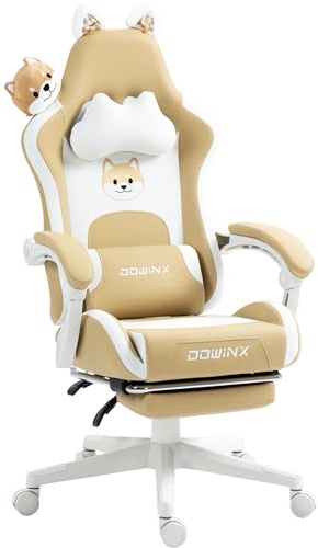Dowinx Gaming Stuhl,Gamer Chair,PU Leder Sessel mit Katzenohren und Hundedekoration,Ergonomischer Gamingstuhl,150KG Tragkraft PC Stuhl,Verstellbar Fußstütze Armlehnen Rückenlehne,Hund - Gelb | PU-Leder, Tragkraft 150 kg, verstellbare Fußstütze, Armlehnen und Rückenlehne