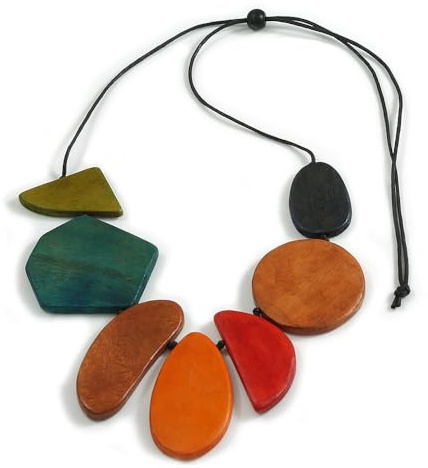 Avalaya Multicoloured Geometric Wood Necklace with Black Cotton Cord/ 100cm Long/Adjustable