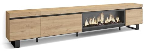 Skraut Home | Mueble TV | Televisión | Muebles de salón, almacenaje | 288x57x35 cm | para TV Gran Formato | Chimenea eléctrica XXL | Diseño Industrial | Estilo Moderno | Roble