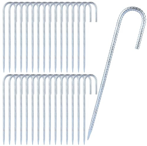 YOUNTHYE 30Pcs Tent Pegs Metal Heavy Duty, 30cm/12 inch Ground Pegs Galvanised Steel Ground Stakes, Rebar Tent Pegs Trampoline Pegs J hooks for Tents, Swing, Trampoline, Football Nets
