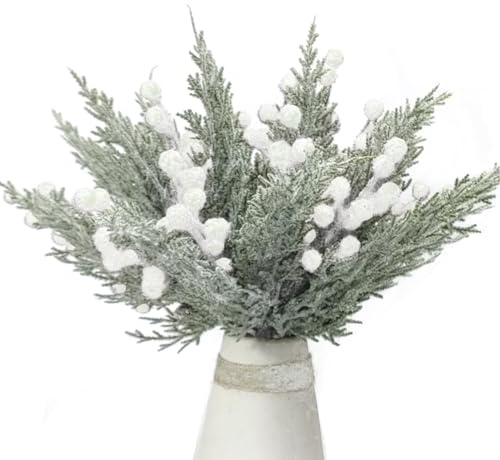 Donfulily Set di 36 rametti di pino artificiale innevato e bacche di bacche di agrifoglio, per realizzare ghirlande natalizie, composizioni floreali fai da te, riempitivi per vasi e decorazioni per la