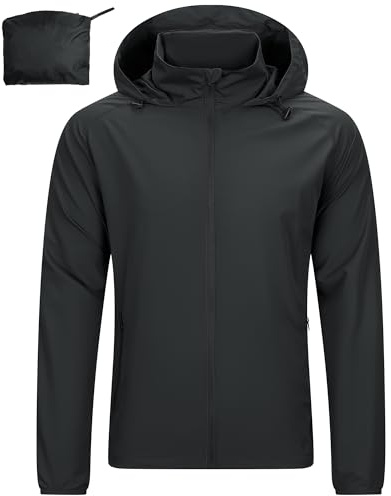 33,000ft Mens Lightweight Jackets Water Resistant Windproof Packaway Coat | Stowable Hood Windbreaker Jacket, Breathable Rain Coats, Light Waterproof Hiking Jacket for Running Cycling Golf