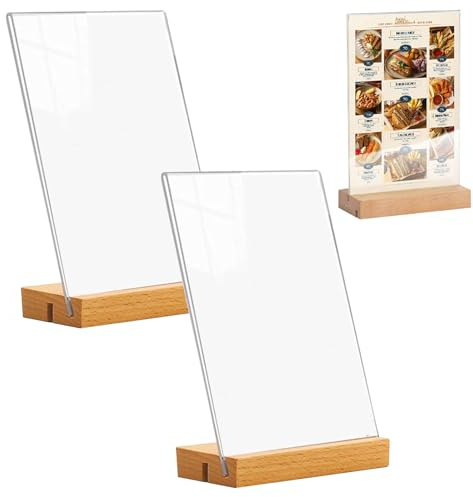 Tkxjry 2 Sets Restaurant-Menüständer aus Holz, Acryl Holzsockel Tischaufsteller, Menükartenhalter, Plexiglas Werbeaufsteller A4 Tischschildhalter für Büro, Schule, Restaurant, Laden, Hotel
