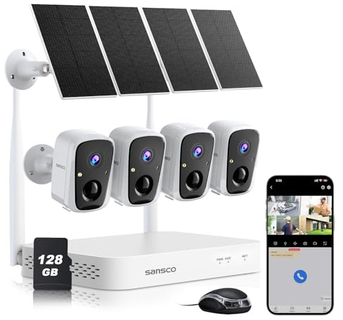 SANSCO 2K Wireless Security Camera System, 4PCS 4MP Solar WiFi Cameras for Indoor/Outdoor Use, 10CH NVR with 128GB SD Card, PIR Detection, 2-Way Audio, Color Night Vision, 5G & 2.4G WiFi