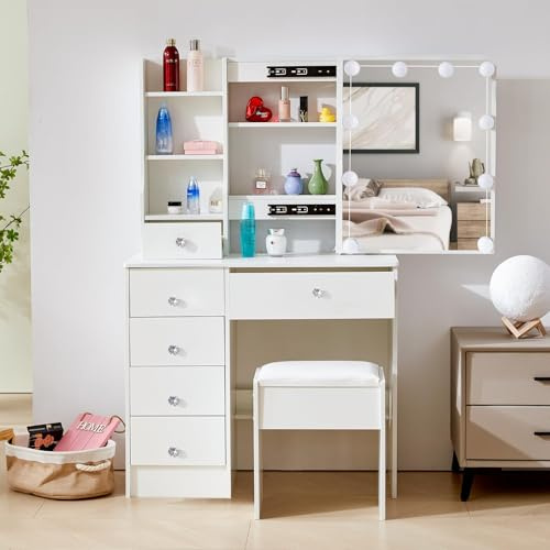 LIANWANG Schminktisch mit LED Beleuchtung, Frisiertisch mit Hocker für Make up, Kosmetiktisch mit 6 Schubladen und Spiegel, 3 Farbtemperaturen und Einstellbarer Helligkeit, Modern, 131x80x36 cm, Weiß