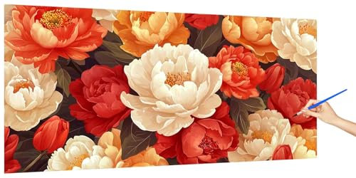 Malen Nach Zahlen Erwachsene Blume, Malen Nach Zahlen PfingstroseKinder Kleines Format, DIY Paint by Numbers Kreativ Set AnfäNger Inklusive Pinsel und Acrylfarben Ohne Rahmen Deko 100x50cm K-6