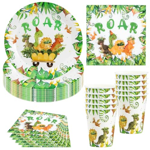 Hmfmdy Service de Table Dino Party, 40 Pièces Décoration de Fête Dino, Vaisselle D'anniversaire Avec Assiettes, Gobelets et Serviettes en Carton, Fournitures de Table, Fille, Garçon - 10 Invités