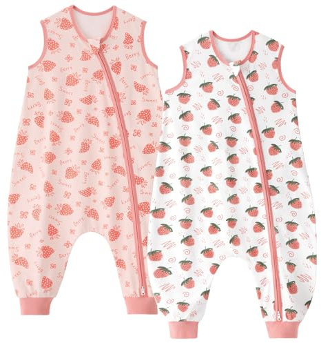 Unnivoll Baby Schlafsack mit Füßen 0,5 Tog Schlafsack Baby Sommer 2er Pack Baumwolle Schlafsack mit Beinen Babyschlafsack Weich 80 cm für Jungen Mädchen Rosa Erdbeere