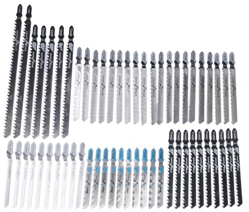57 piece T Shank Jigsaw Blade Set Made with HCS/HSS/BIM, Assorted Blades for Wood, Plastic and Metal Cutting, Compatible with All Jigsaw