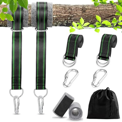Juego de 2 columpios, fijación para árbol y hamaca, 150 cm x 5 cm, soporta 900 kg, para hamaca colgante, incluye 2 mosquetones, anillas en D, con cojín protector para árboles, bolsa de almacenamiento