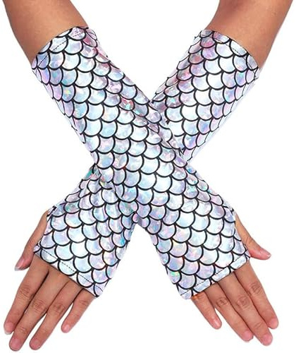 YunPeng Women Fingerless Fish Scale Gloves Glitter Rave Party Costume Mermaid Gloves Silvery