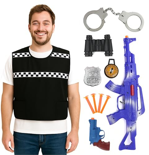 Herren Polizei Verkleidung Set Weste mit Abzeichen, Spielzeugwaffen, Handschellen, Fernglas, Kompass & Darts, Kostüm-Kit für Partys, Events & Rollenspiele