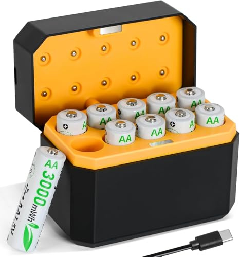 Rechargeable AA Batteries Lithium with Charger,10 Pack 1.5V 3000mWh Double A Battery Rechargeable,Long Lasting Pilas Recargables Lithium ion AA Battery with Charging Storage Box for Blink Outdoor Xbox