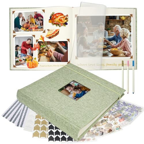 Vienrose Álbum Fotográfico de Lino 30x30 cm con Espacios para Texto, Álbum de Recortes Scrapbook Personalizable DIY para Bodas, Bebés, Familia, Bautizos, Cumpleaños (100 Páginas, Verde Hierba)