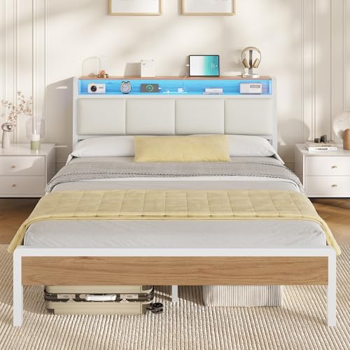 Lit 140x190 avec Sommier, Lit Double avec LED Réglable et Multiprise, Étagères Ouvertes et Rangement sous Sommier, Cadre de Lits 140x190 Capitonné, pour chambre à coucher, chambre d'amis, Blanc