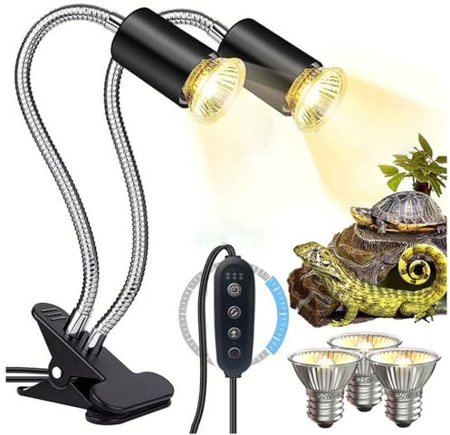 KINGYEENUO Lampada di Calore rettile a Doppia Testa con Timer, Lampadine a 3 Pacchetti: 2x50W 1x25W UVA + UVB E27 Basking Luce, Lampada a Clip Rotabile a 360° con Controllo Separato per Tartaruga