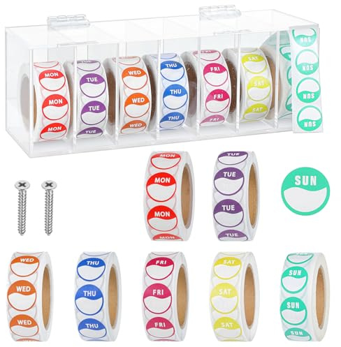7-Slot Sticker Roll Dispenser with 3500 Day Dots Food Labels, Sticker Dispenser for Multiple Rolls & Day of The Week Labels, Wall Mount Acrylic Organizer for Kitchen Restaurant